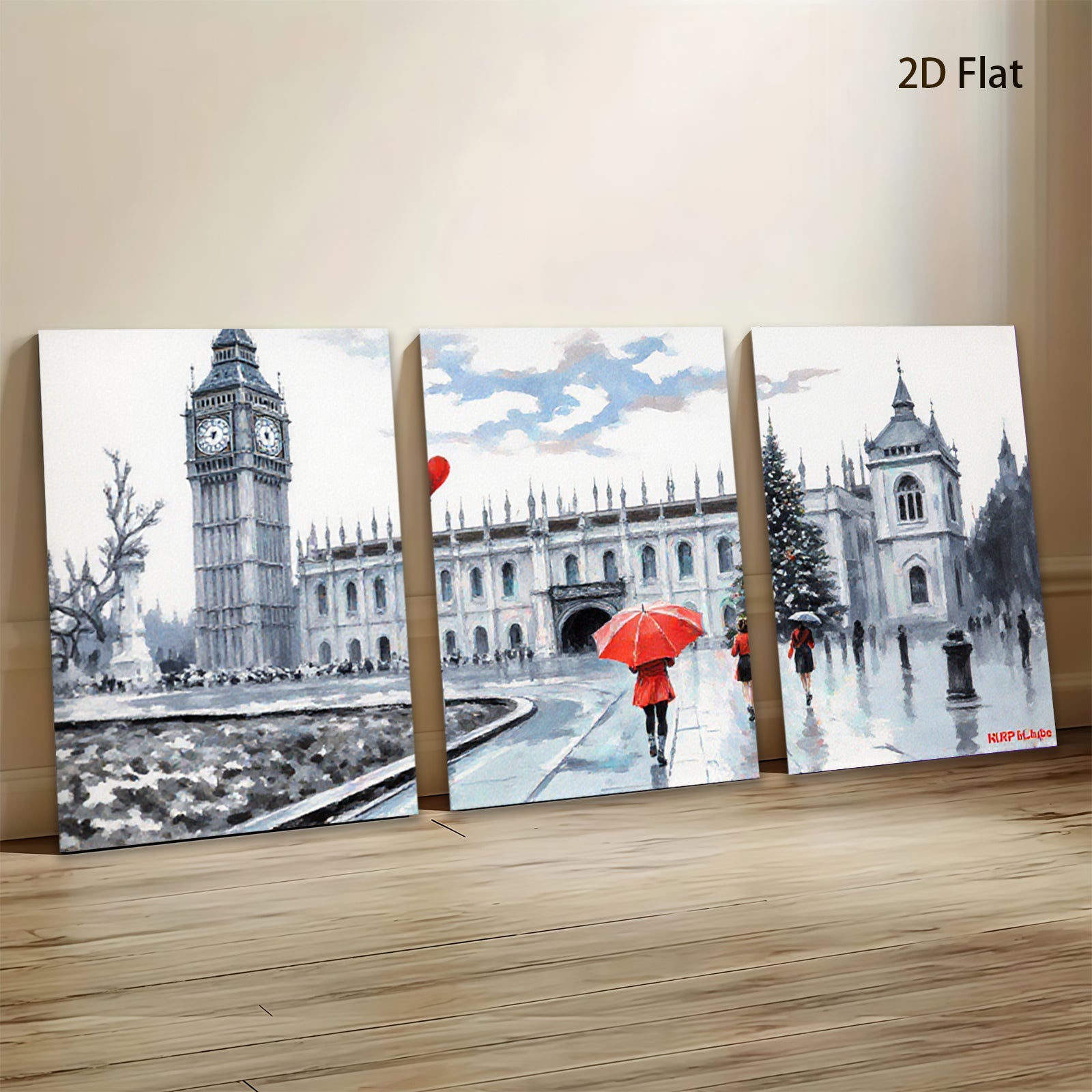 2D flat 1pc London city street rainy day winter scene wall art canvas prints for living room bedroom office decor farmhouse style modern minimalist cozy vibe