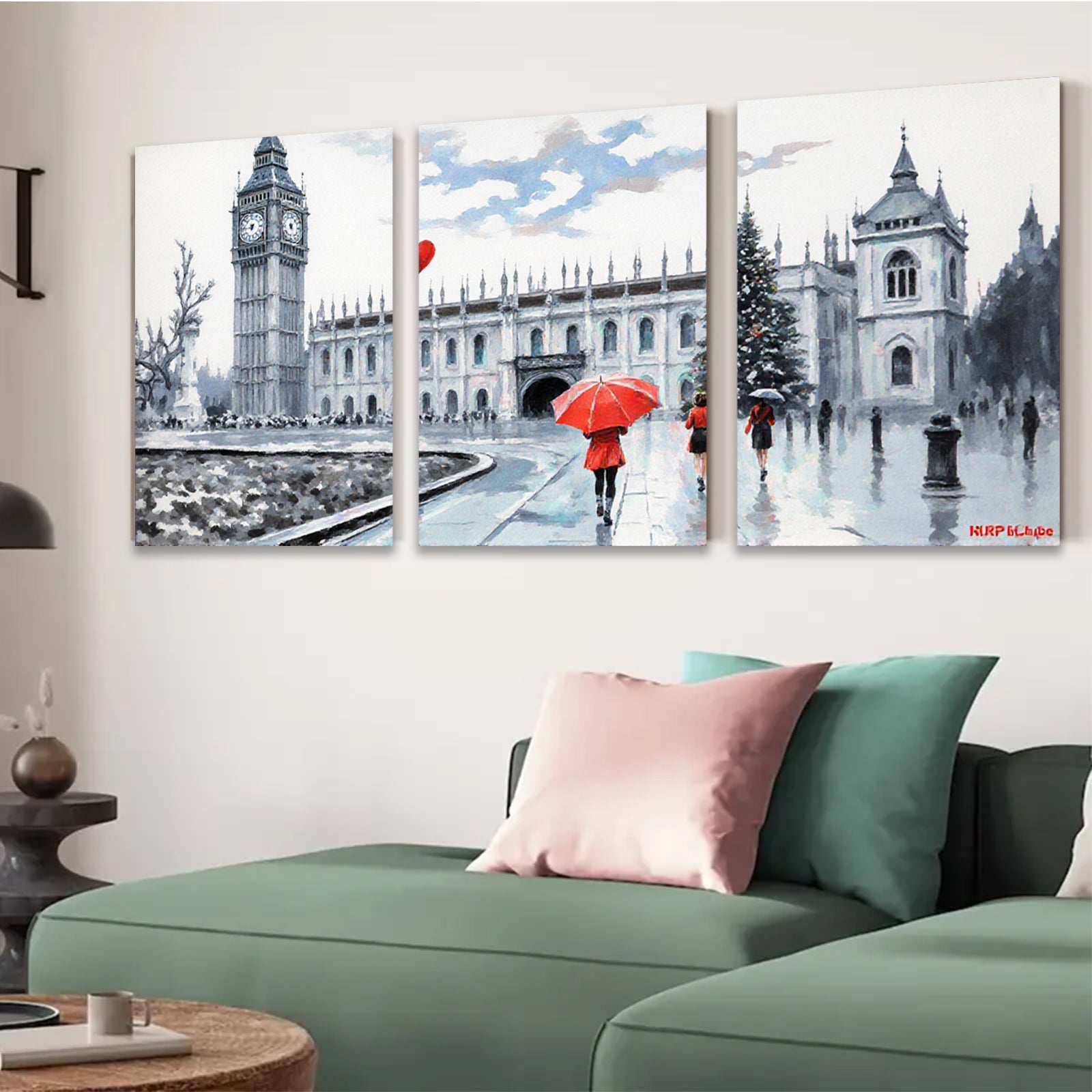 2D flat 1pc London city street rainy day winter scene wall art canvas prints for living room bedroom office decor farmhouse style modern minimalist cozy vibe