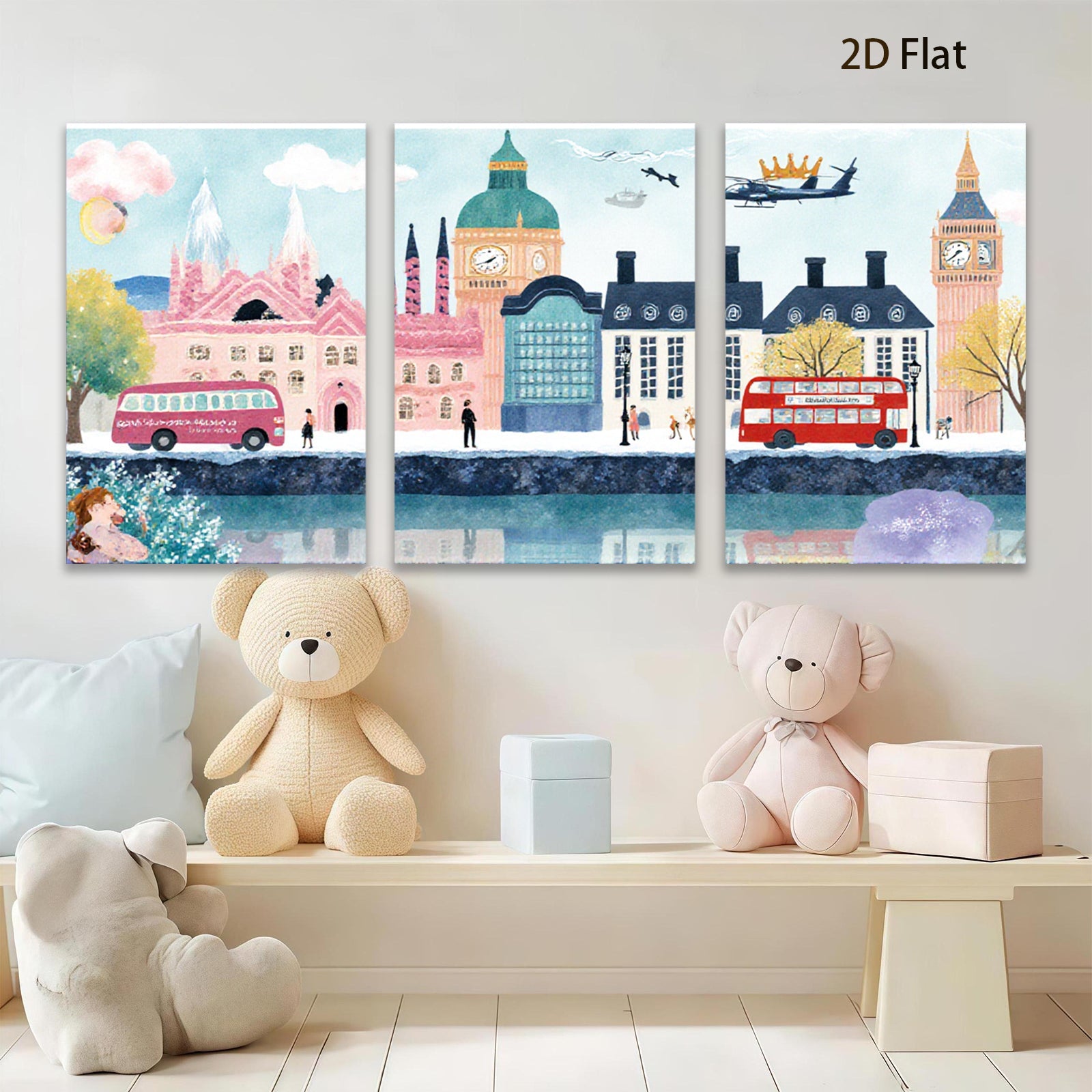 2D flat 1pc London cityscape vibrant buildings red buses cozy home decor gallery wrapped canvas wall art bedroom living room modern farmhouse style