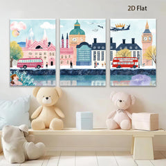 2D flat 1pc London cityscape vibrant buildings red buses cozy home decor gallery wrapped canvas wall art bedroom living room modern farmhouse style