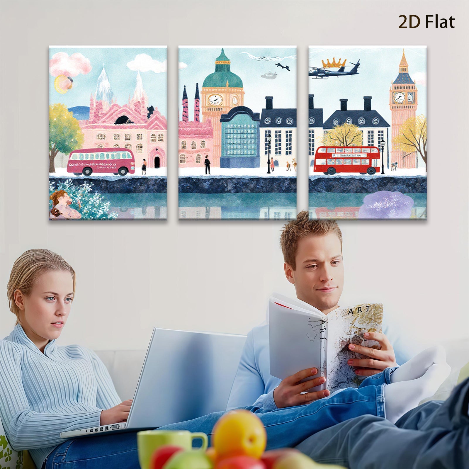 2D flat 1pc London cityscape vibrant buildings red buses cozy home decor gallery wrapped canvas wall art bedroom living room modern farmhouse style