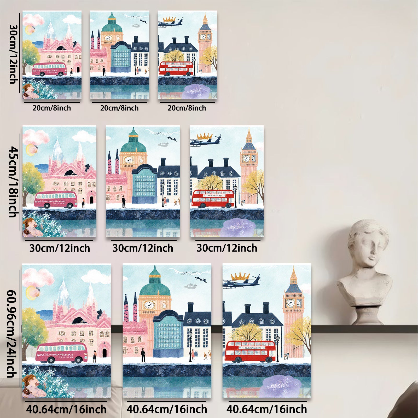 2D flat 1pc London cityscape vibrant buildings red buses cozy home decor gallery wrapped canvas wall art bedroom living room modern farmhouse style
