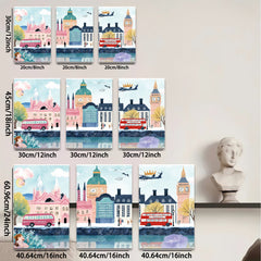 2D flat 1pc London cityscape vibrant buildings red buses cozy home decor gallery wrapped canvas wall art bedroom living room modern farmhouse style
