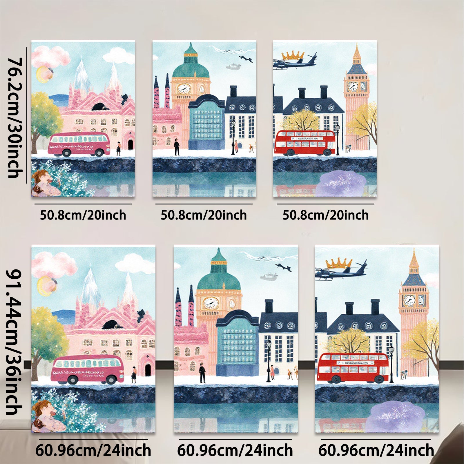 2D flat 1pc London cityscape vibrant buildings red buses cozy home decor gallery wrapped canvas wall art bedroom living room modern farmhouse style