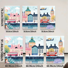 2D flat 1pc London cityscape vibrant buildings red buses cozy home decor gallery wrapped canvas wall art bedroom living room modern farmhouse style