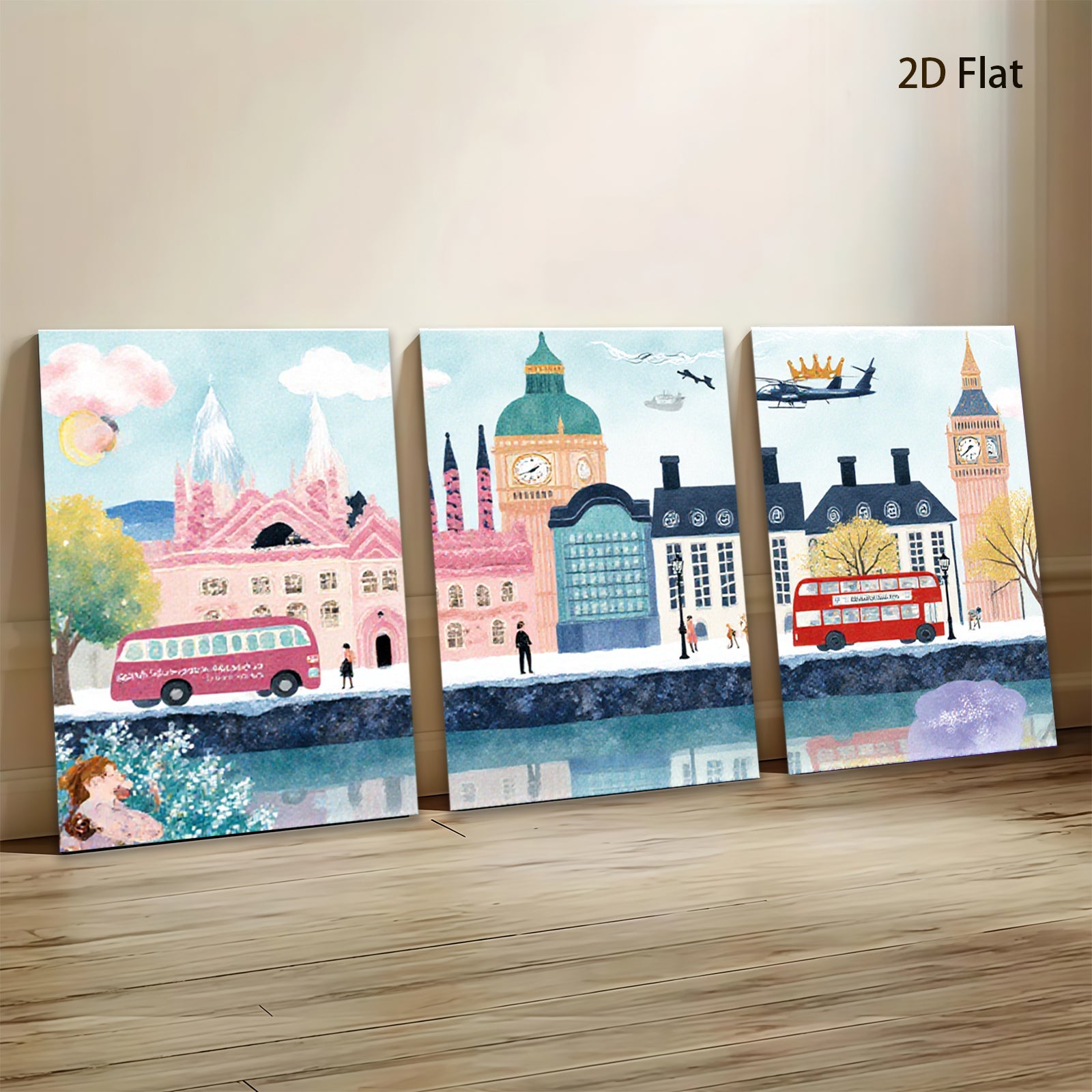 2D flat 1pc London cityscape vibrant buildings red buses cozy home decor gallery wrapped canvas wall art bedroom living room modern farmhouse style