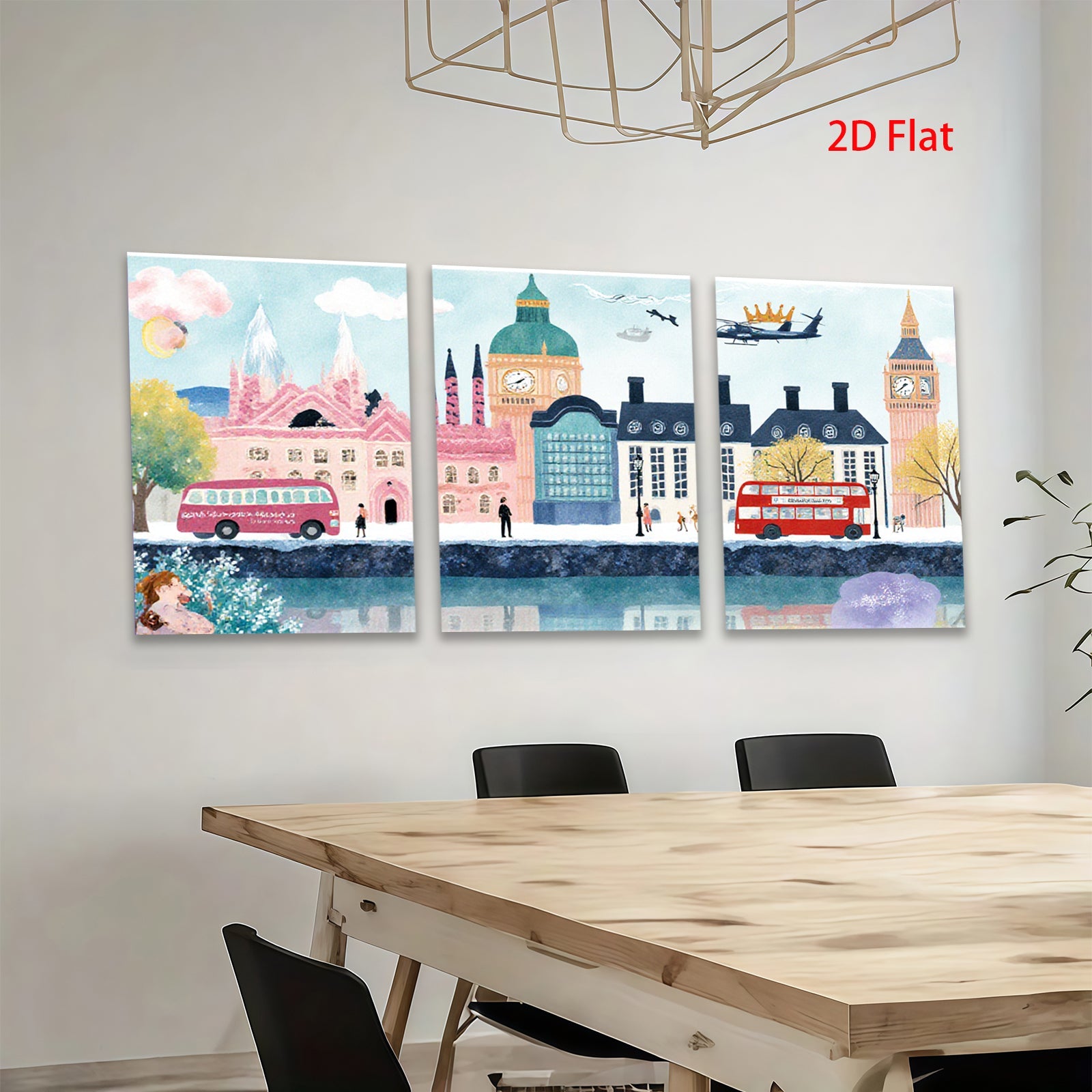 2D flat 1pc London cityscape vibrant buildings red buses cozy home decor gallery wrapped canvas wall art bedroom living room modern farmhouse style