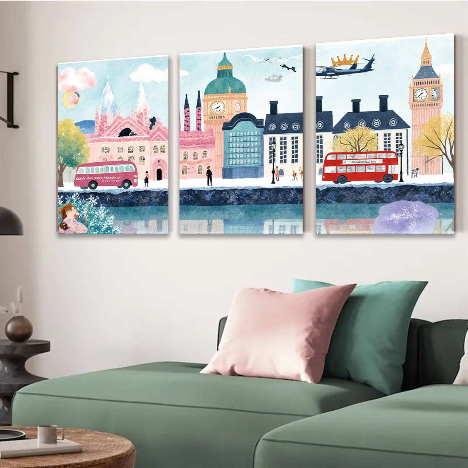 2D flat 1pc London cityscape vibrant buildings red buses cozy home decor gallery wrapped canvas wall art bedroom living room modern farmhouse style
