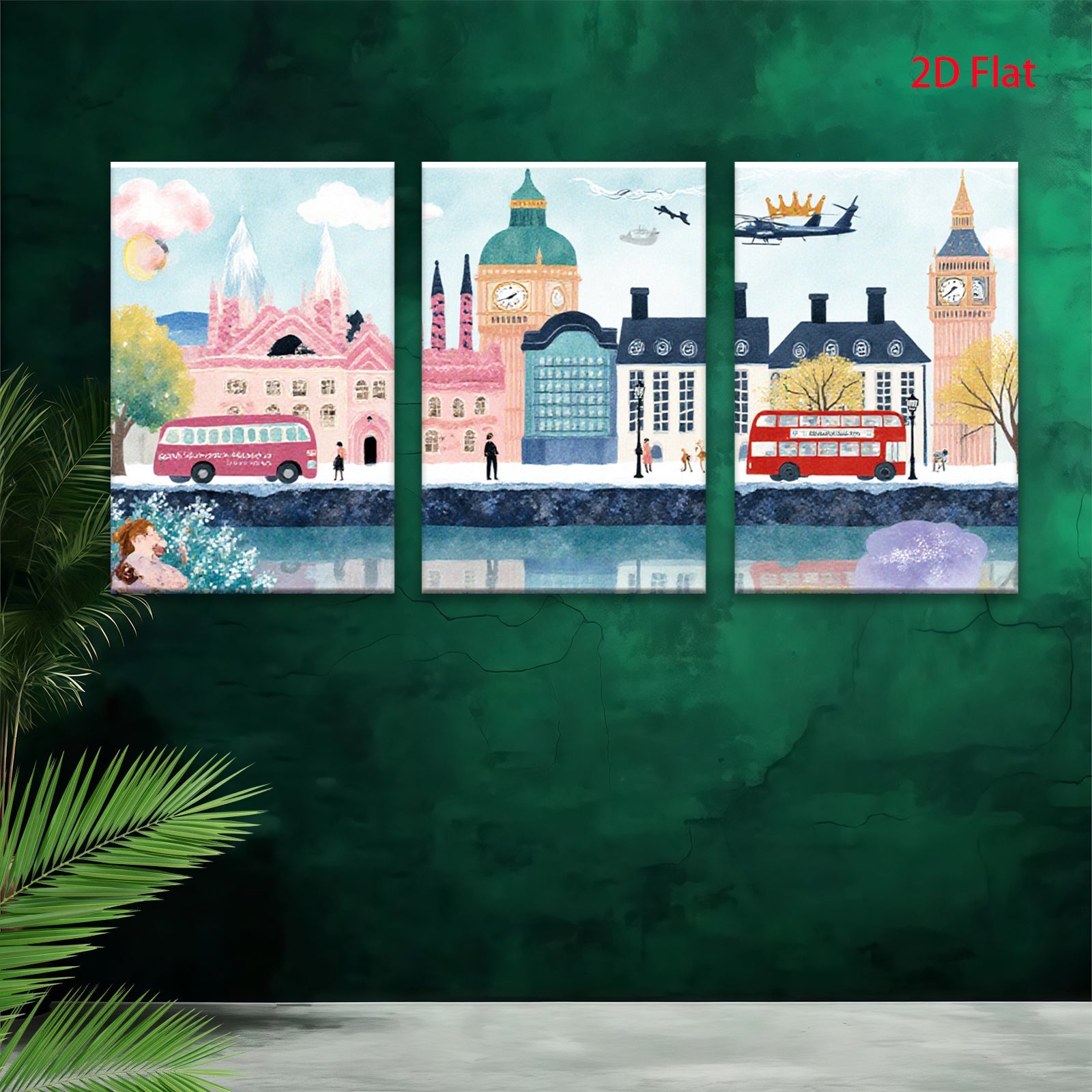 2D flat 1pc London cityscape vibrant buildings red buses cozy home decor gallery wrapped canvas wall art bedroom living room modern farmhouse style