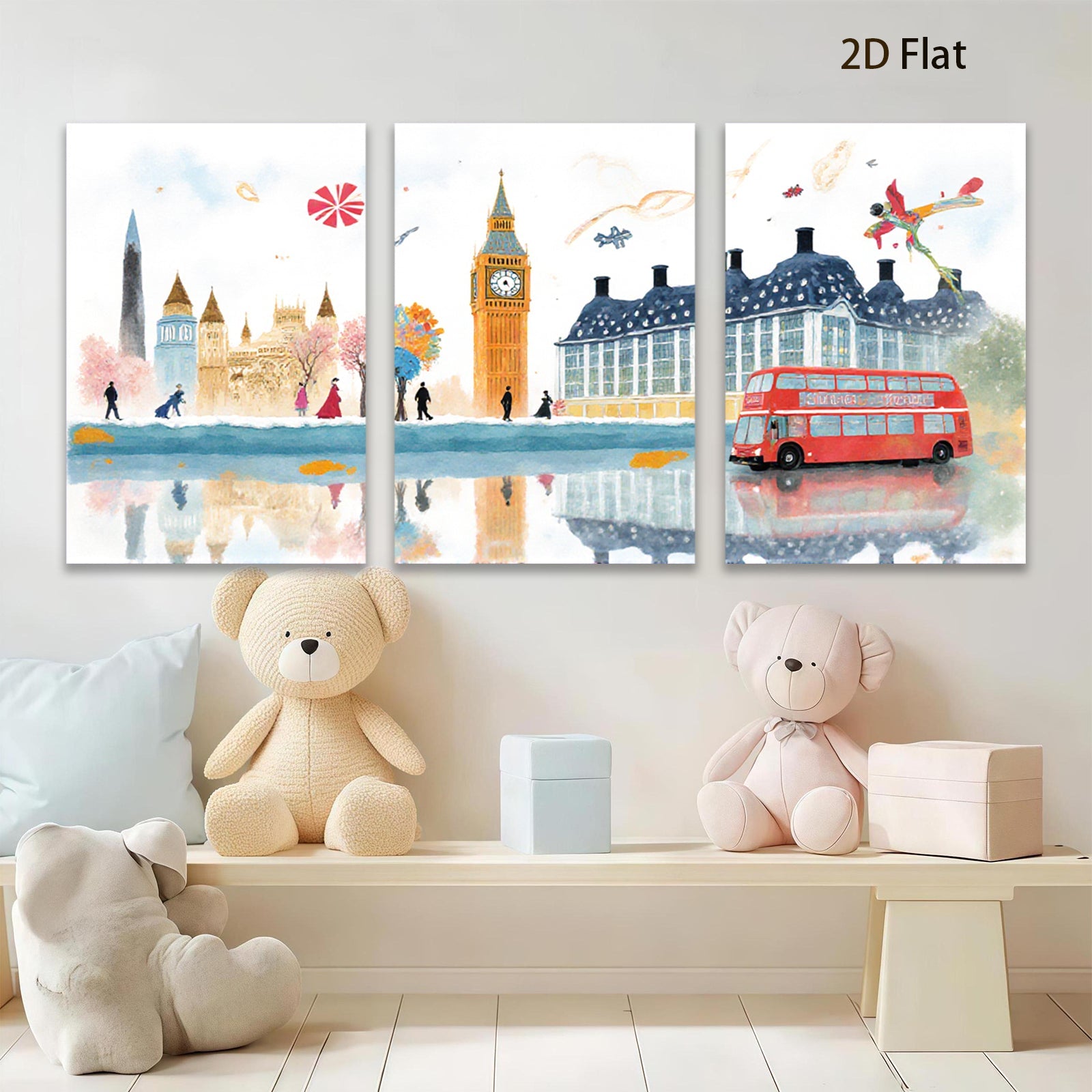 2D flat 1pc London cityscape watercolor painting vibrant bus charming street scene perfect wall decor living room bedroom office modern farmhouse gallery wrapped canvas art