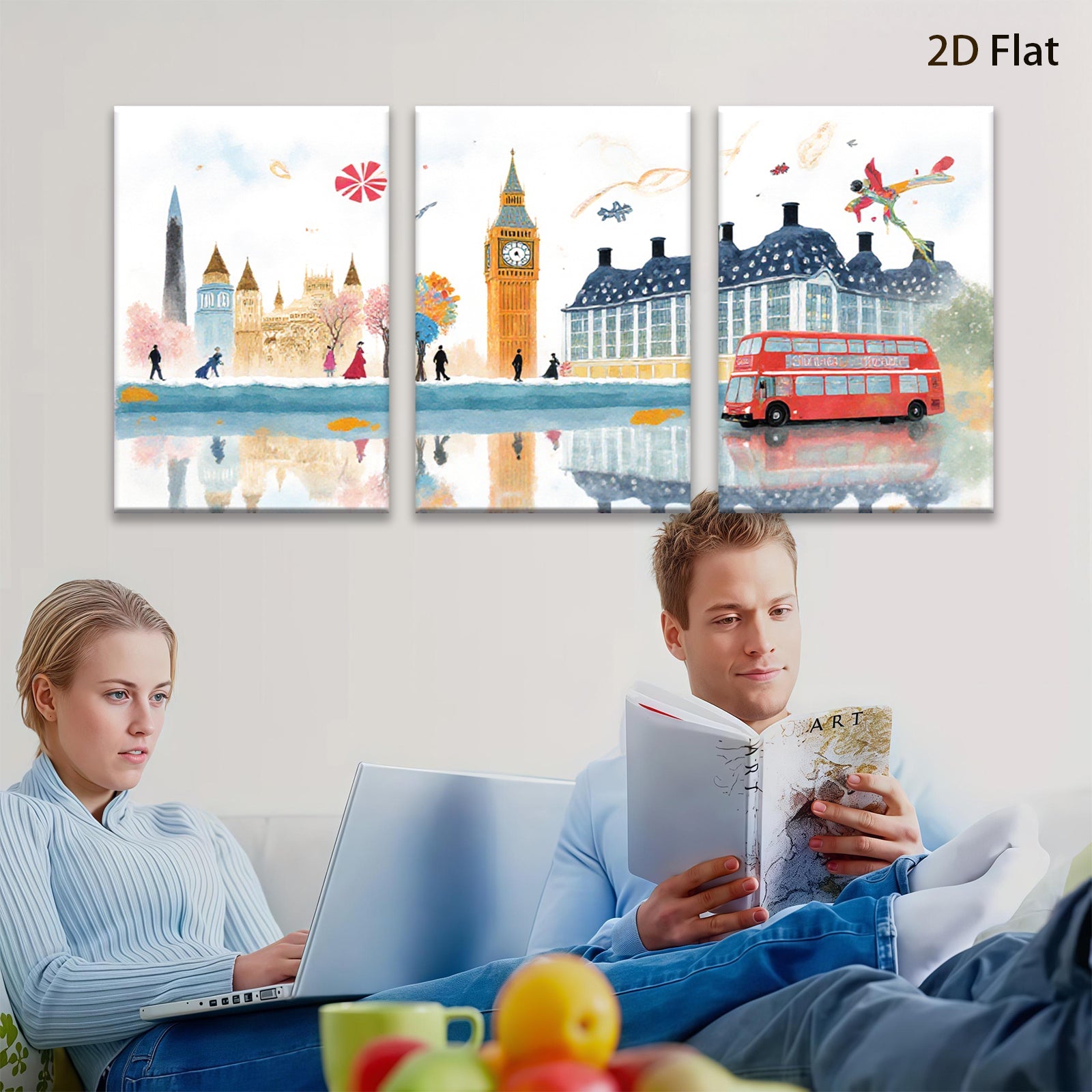 2D flat 1pc London cityscape watercolor painting vibrant bus charming street scene perfect wall decor living room bedroom office modern farmhouse gallery wrapped canvas art