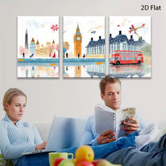 2D flat 1pc London cityscape watercolor painting vibrant bus charming street scene perfect wall decor living room bedroom office modern farmhouse gallery wrapped canvas art