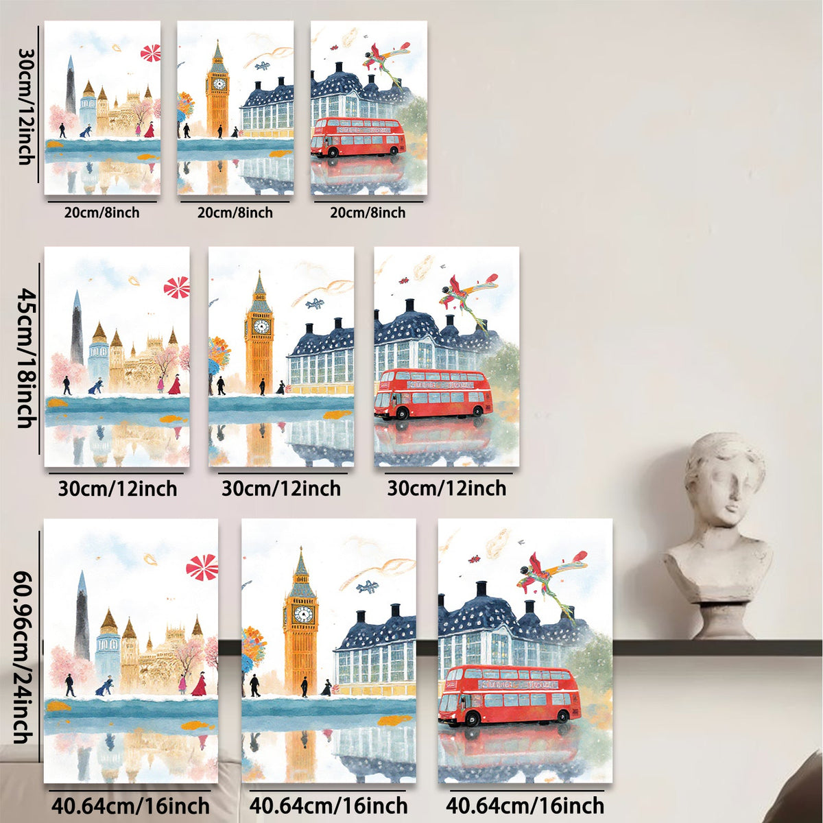 2D flat 1pc London cityscape watercolor painting vibrant bus charming street scene perfect wall decor living room bedroom office modern farmhouse gallery wrapped canvas art