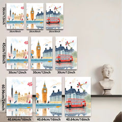 2D flat 1pc London cityscape watercolor painting vibrant bus charming street scene perfect wall decor living room bedroom office modern farmhouse gallery wrapped canvas art