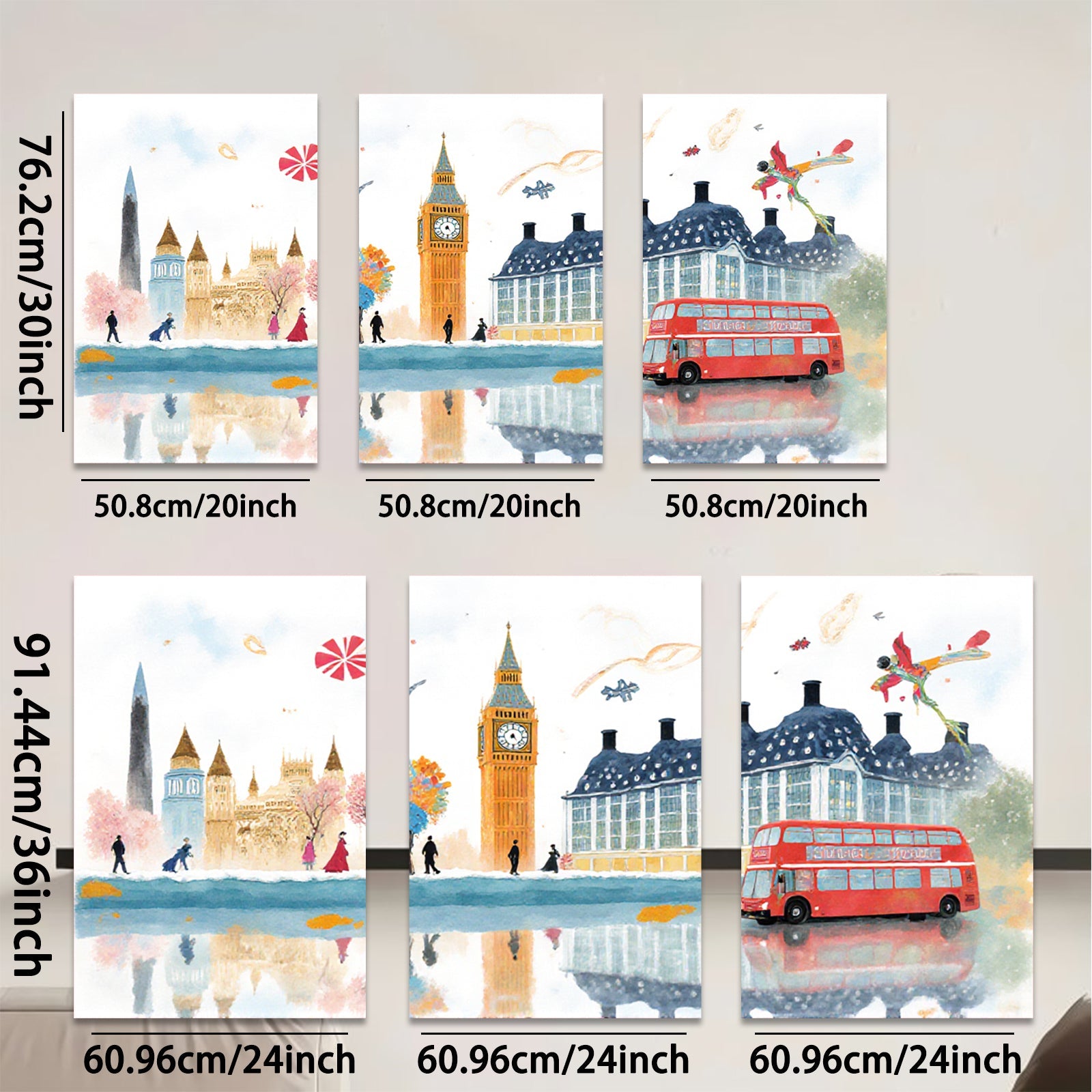 2D flat 1pc London cityscape watercolor painting vibrant bus charming street scene perfect wall decor living room bedroom office modern farmhouse gallery wrapped canvas art