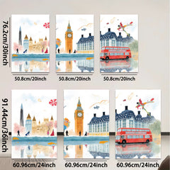 2D flat 1pc London cityscape watercolor painting vibrant bus charming street scene perfect wall decor living room bedroom office modern farmhouse gallery wrapped canvas art