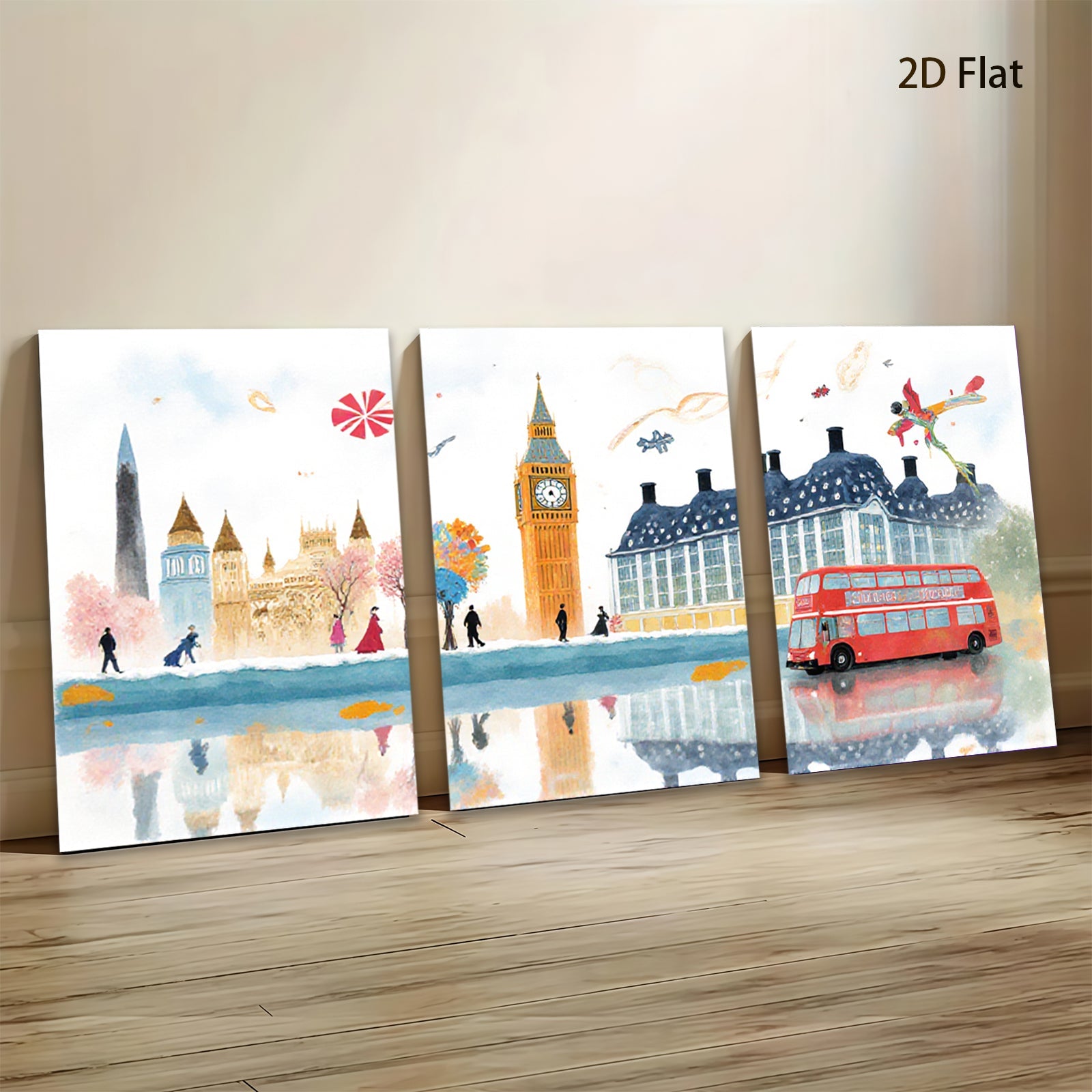 2D flat 1pc London cityscape watercolor painting vibrant bus charming street scene perfect wall decor living room bedroom office modern farmhouse gallery wrapped canvas art