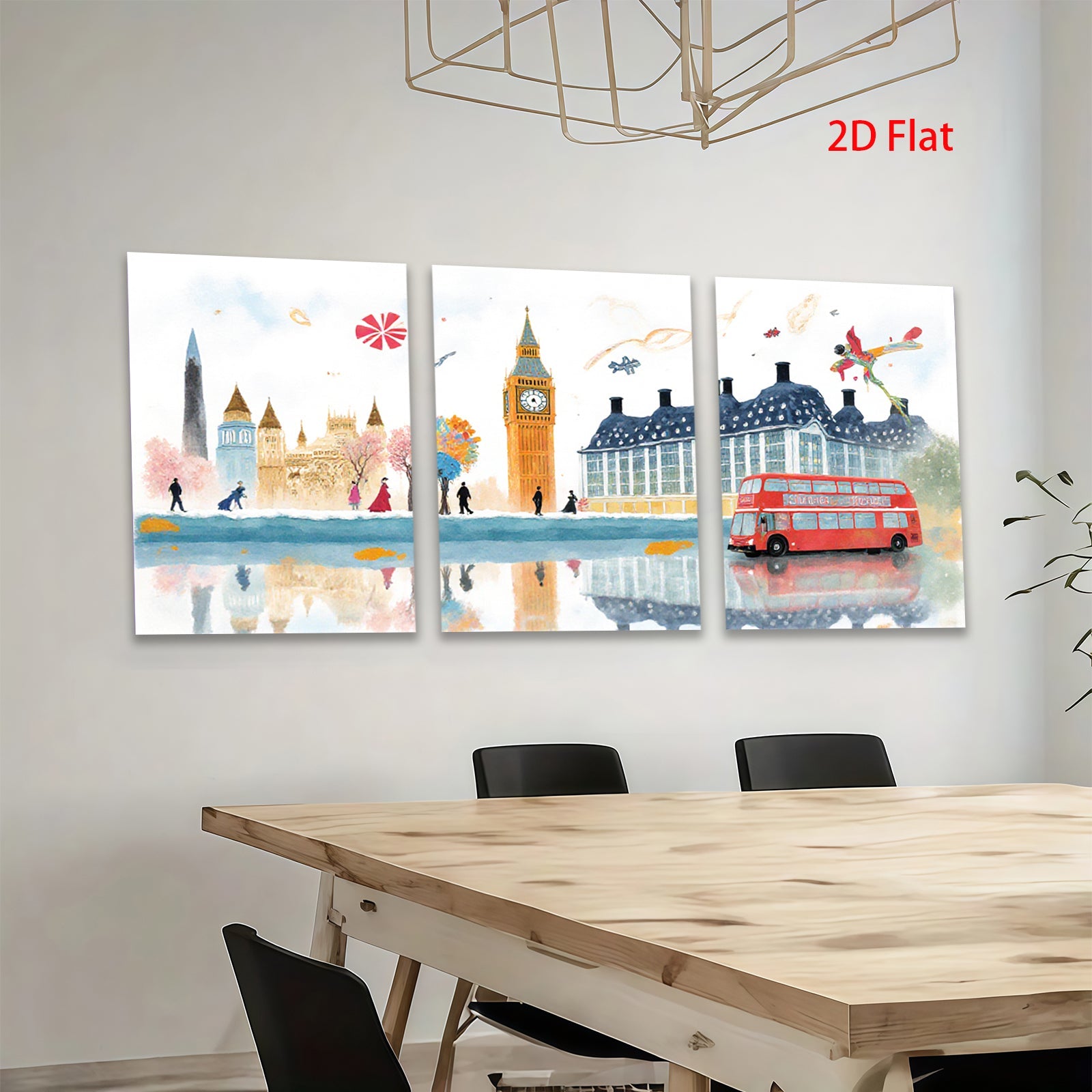 2D flat 1pc London cityscape watercolor painting vibrant bus charming street scene perfect wall decor living room bedroom office modern farmhouse gallery wrapped canvas art