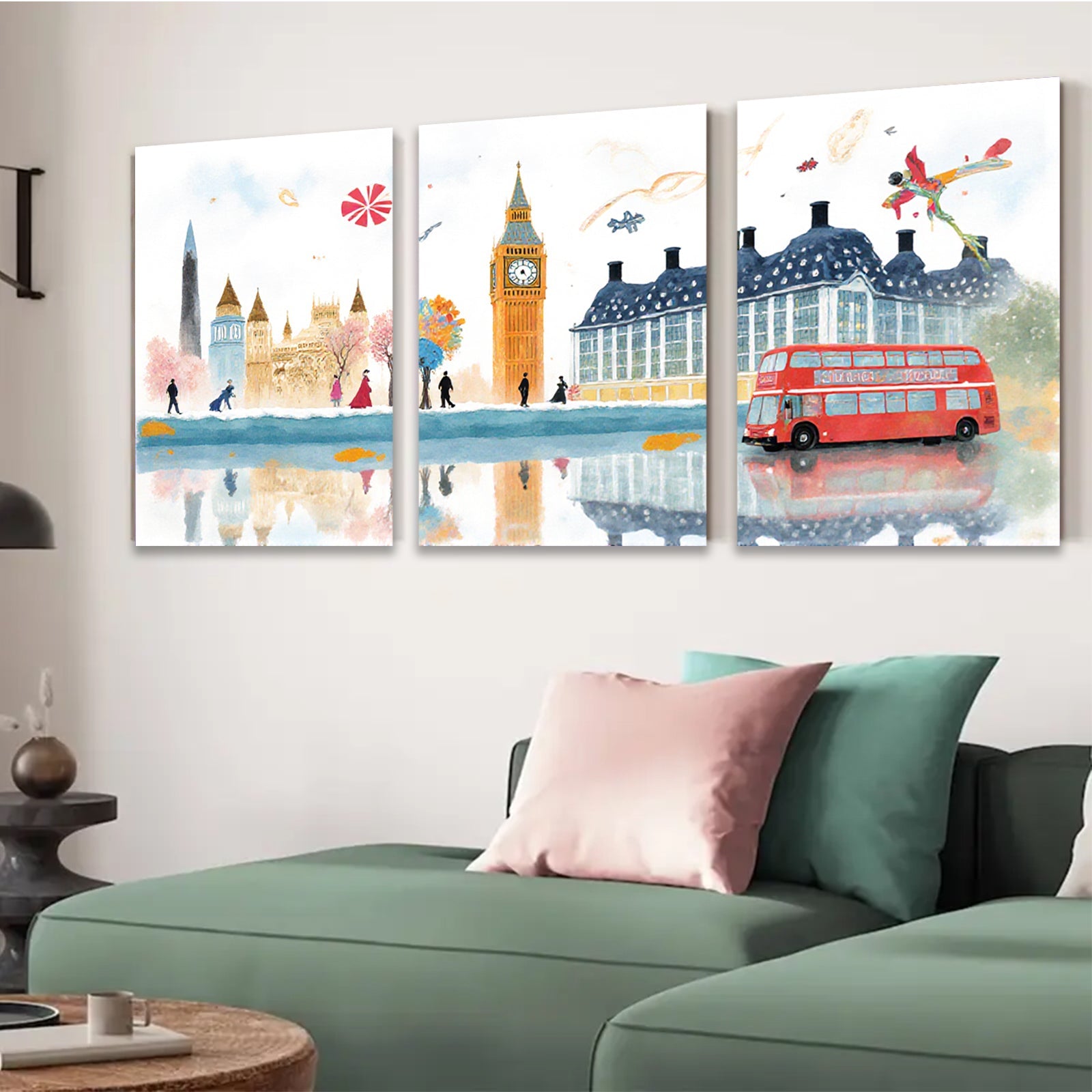 2D flat 1pc London cityscape watercolor painting vibrant bus charming street scene perfect wall decor living room bedroom office modern farmhouse gallery wrapped canvas art