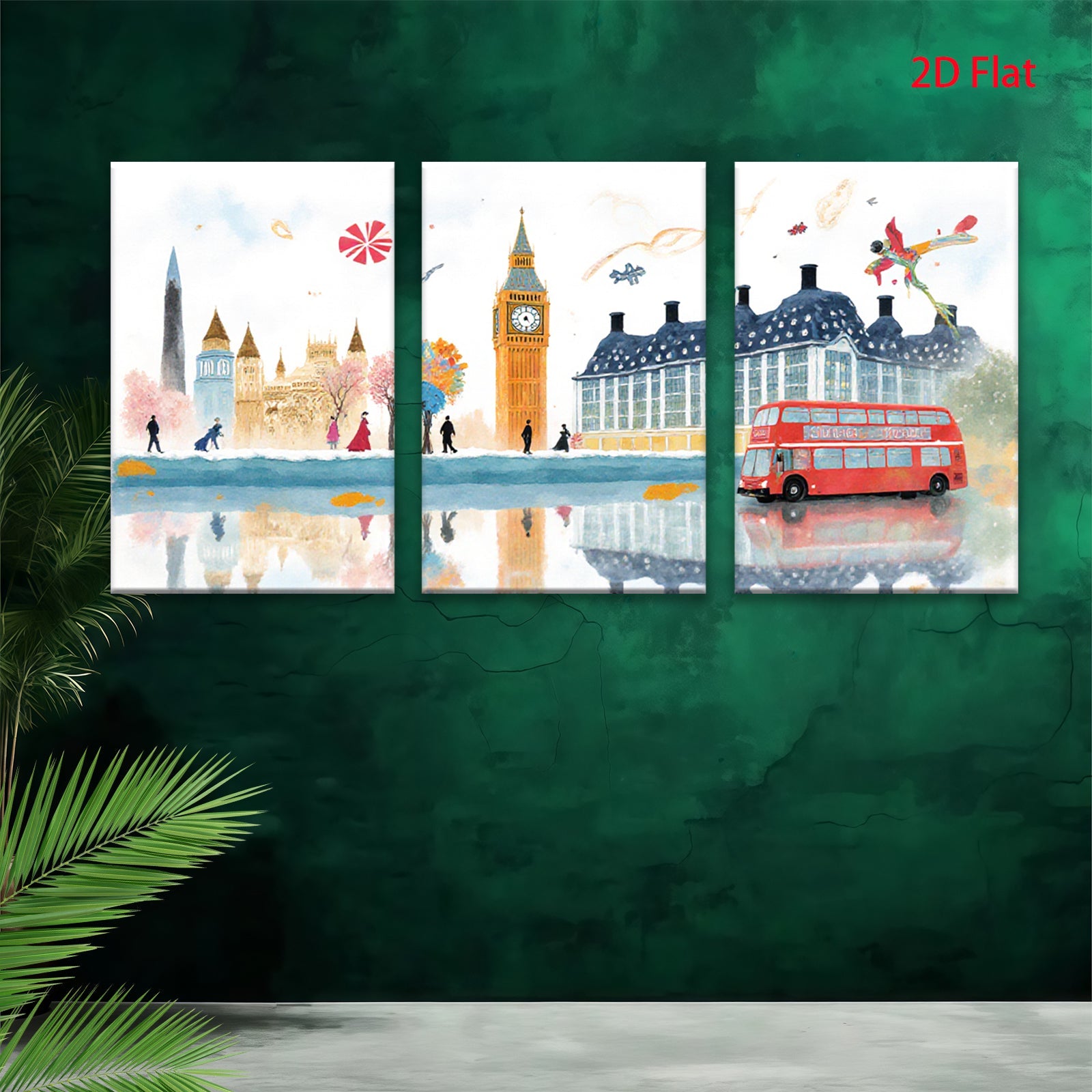 2D flat 1pc London cityscape watercolor painting vibrant bus charming street scene perfect wall decor living room bedroom office modern farmhouse gallery wrapped canvas art