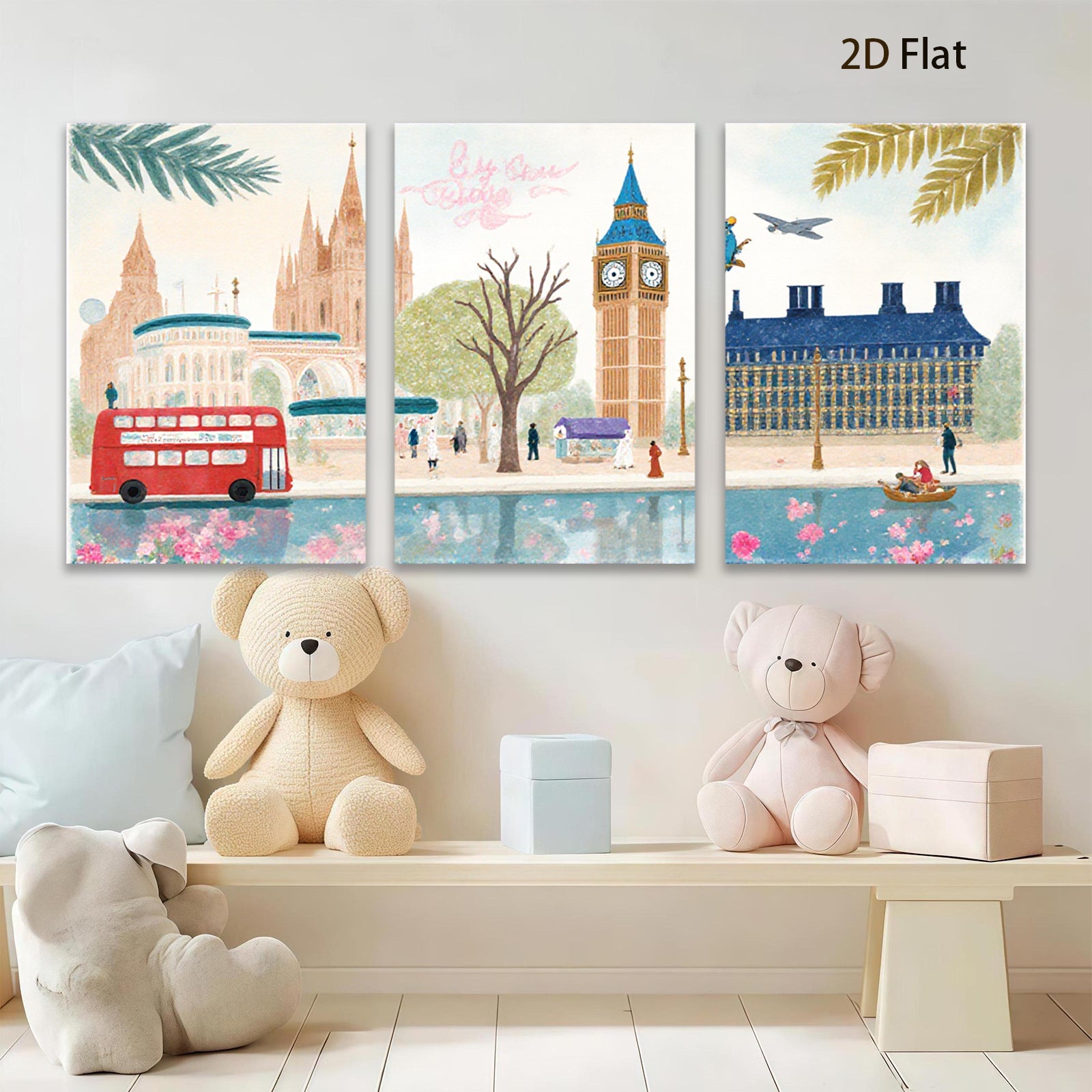 2D flat 1pc London cityscape watercolor painting vibrant wall art bedroom living room decor farmhouse style gallery wrapped canvas print