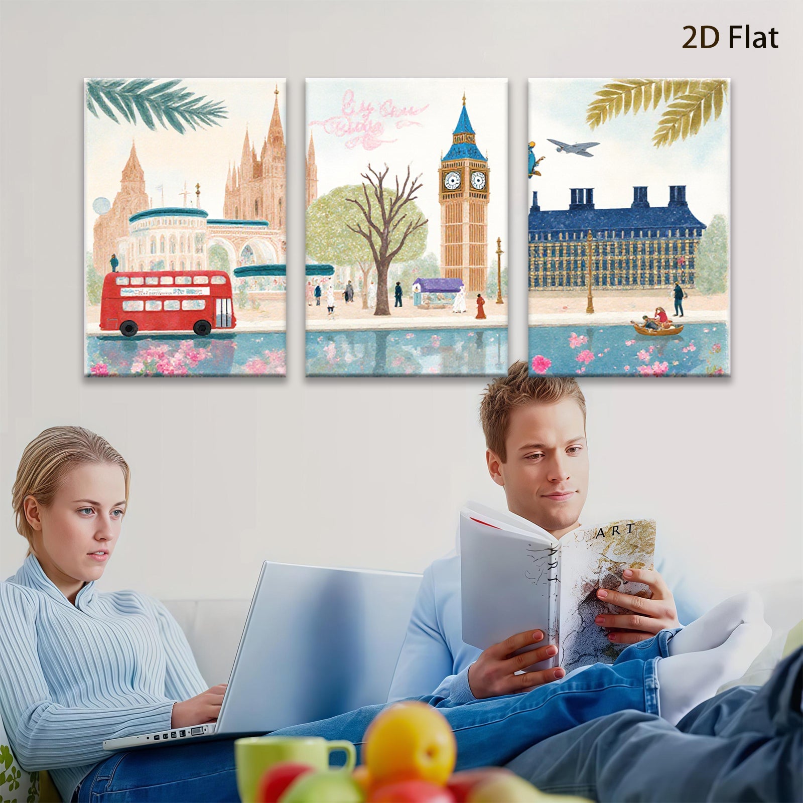 2D flat 1pc London cityscape watercolor painting vibrant wall art bedroom living room decor farmhouse style gallery wrapped canvas print