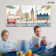 2D flat 1pc London cityscape watercolor painting vibrant wall art bedroom living room decor farmhouse style gallery wrapped canvas print