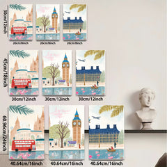 2D flat 1pc London cityscape watercolor painting vibrant wall art bedroom living room decor farmhouse style gallery wrapped canvas print
