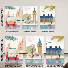 2D flat 1pc London cityscape watercolor painting vibrant wall art bedroom living room decor farmhouse style gallery wrapped canvas print
