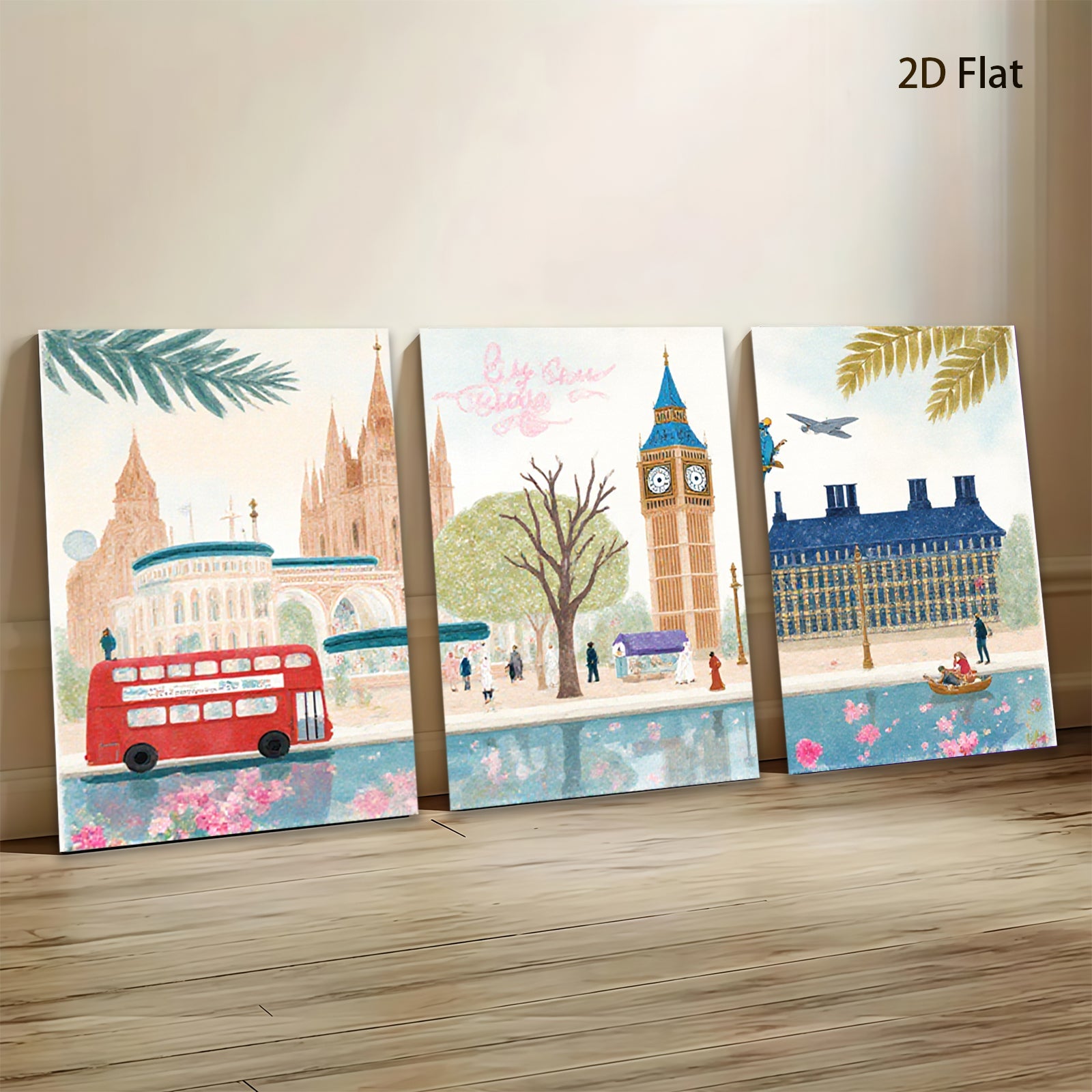 2D flat 1pc London cityscape watercolor painting vibrant wall art bedroom living room decor farmhouse style gallery wrapped canvas print