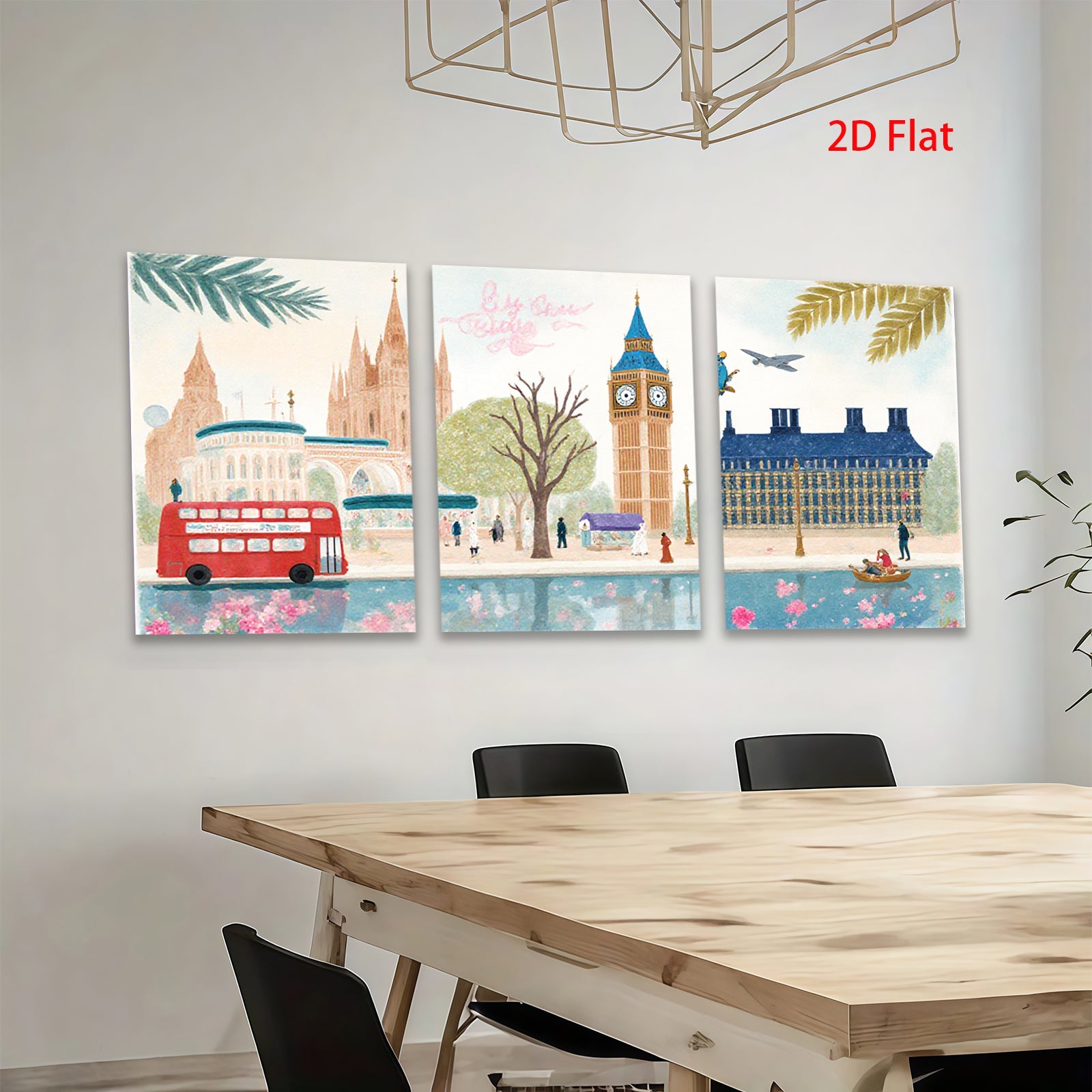 2D flat 1pc London cityscape watercolor painting vibrant wall art bedroom living room decor farmhouse style gallery wrapped canvas print