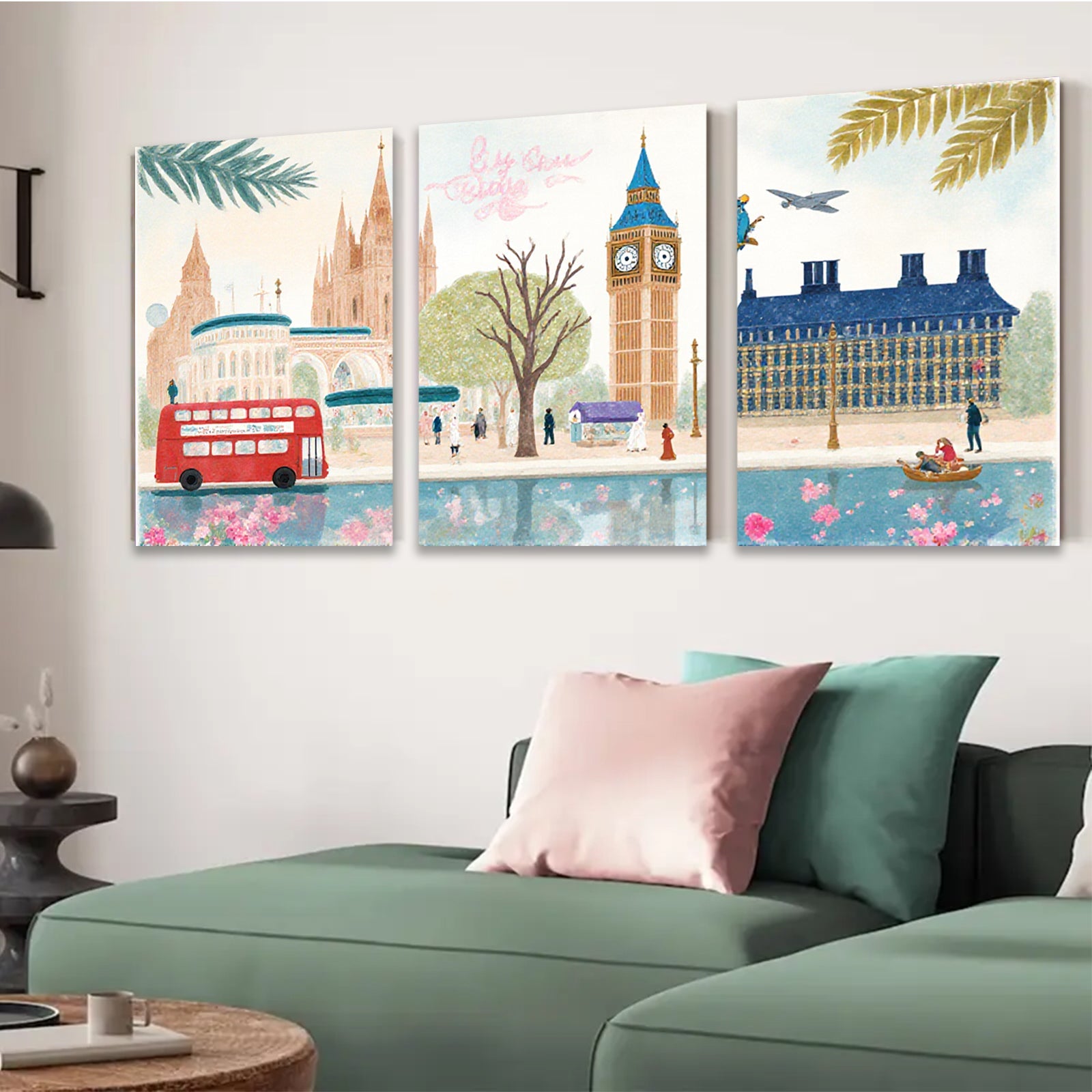 2D flat 1pc London cityscape watercolor painting vibrant wall art bedroom living room decor farmhouse style gallery wrapped canvas print