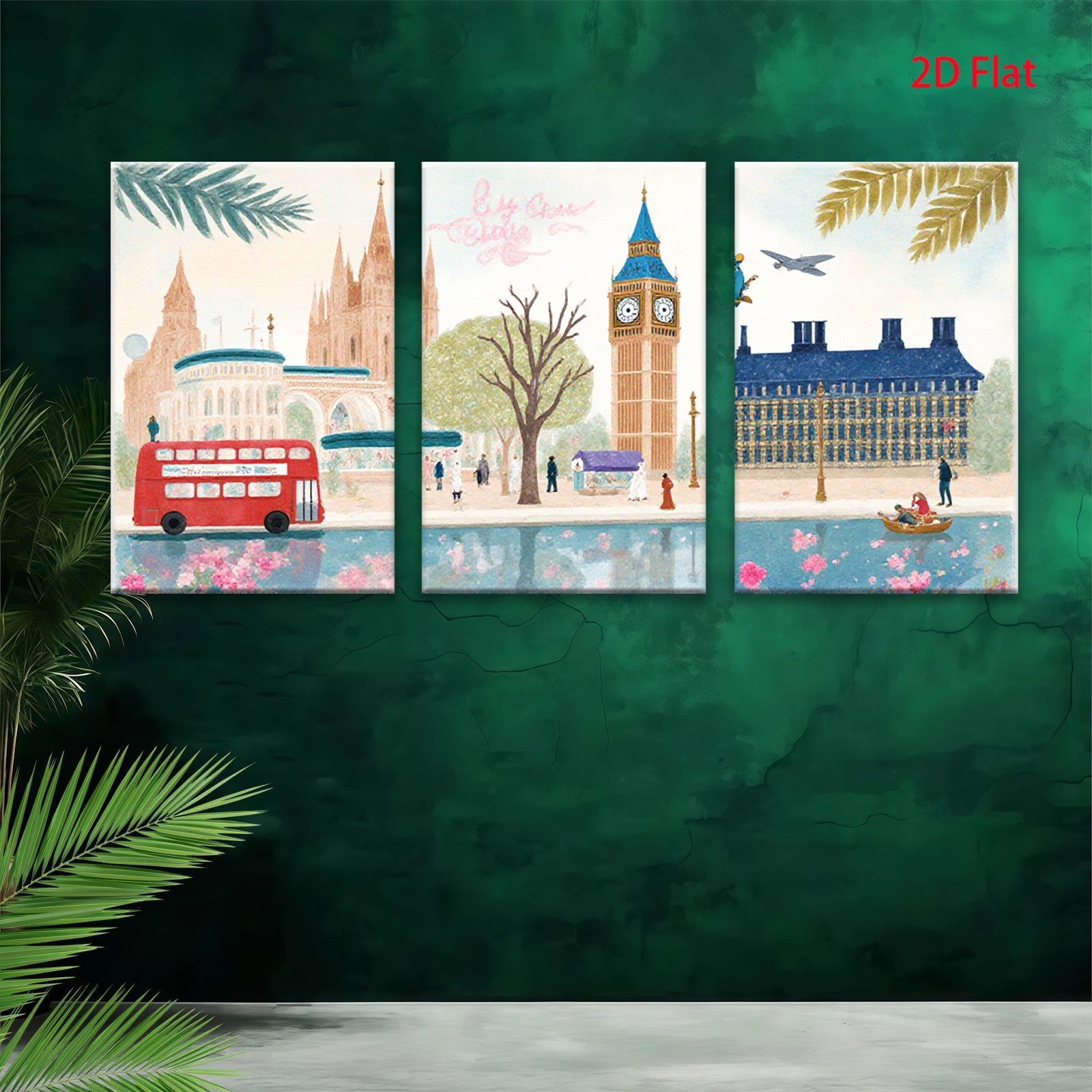 2D flat 1pc London cityscape watercolor painting vibrant wall art bedroom living room decor farmhouse style gallery wrapped canvas print