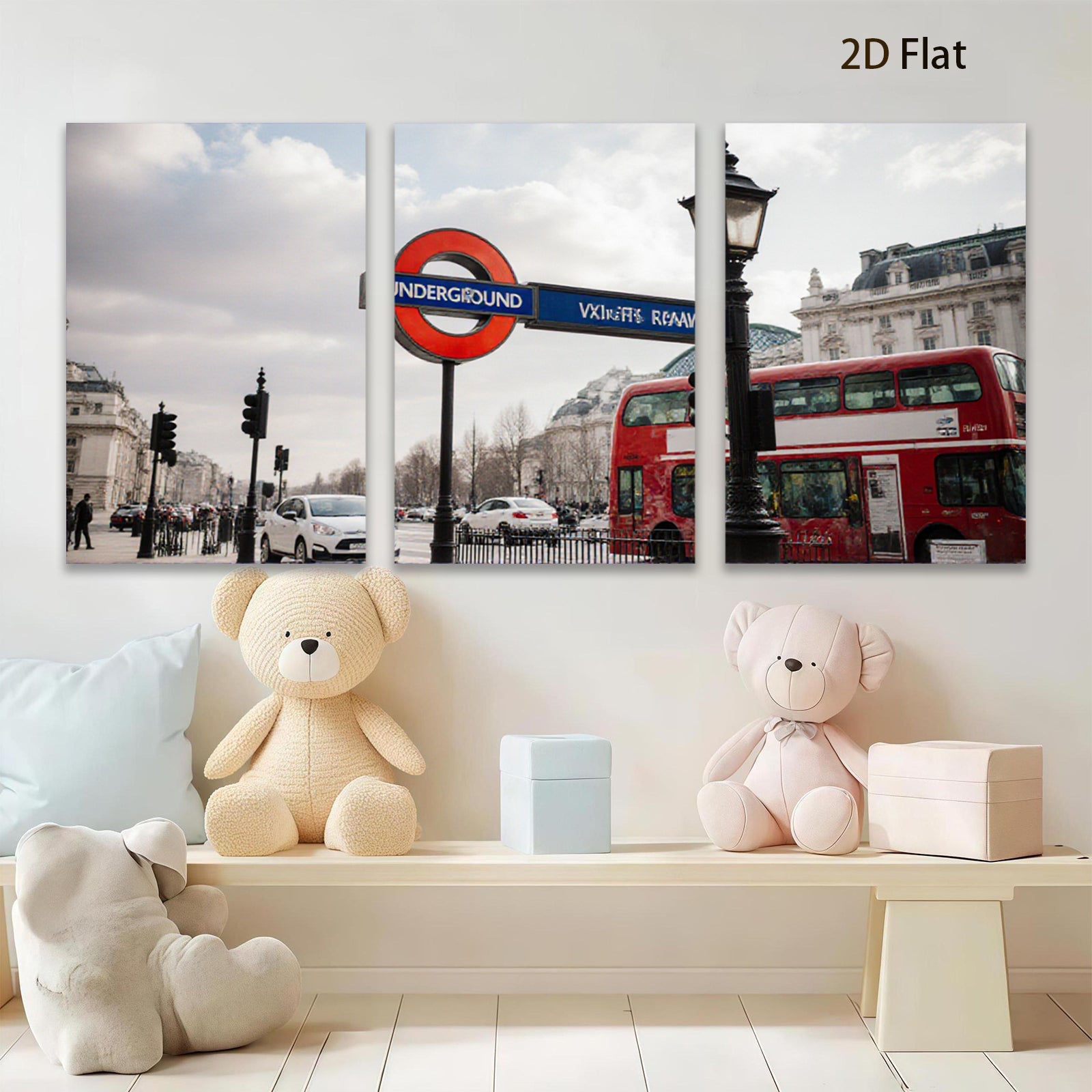 2D flat 1pc London street iconic red bus vibrant city view wall art home decor living room bedroom gallery wrapped canvas print farmhouse style modern minimalist