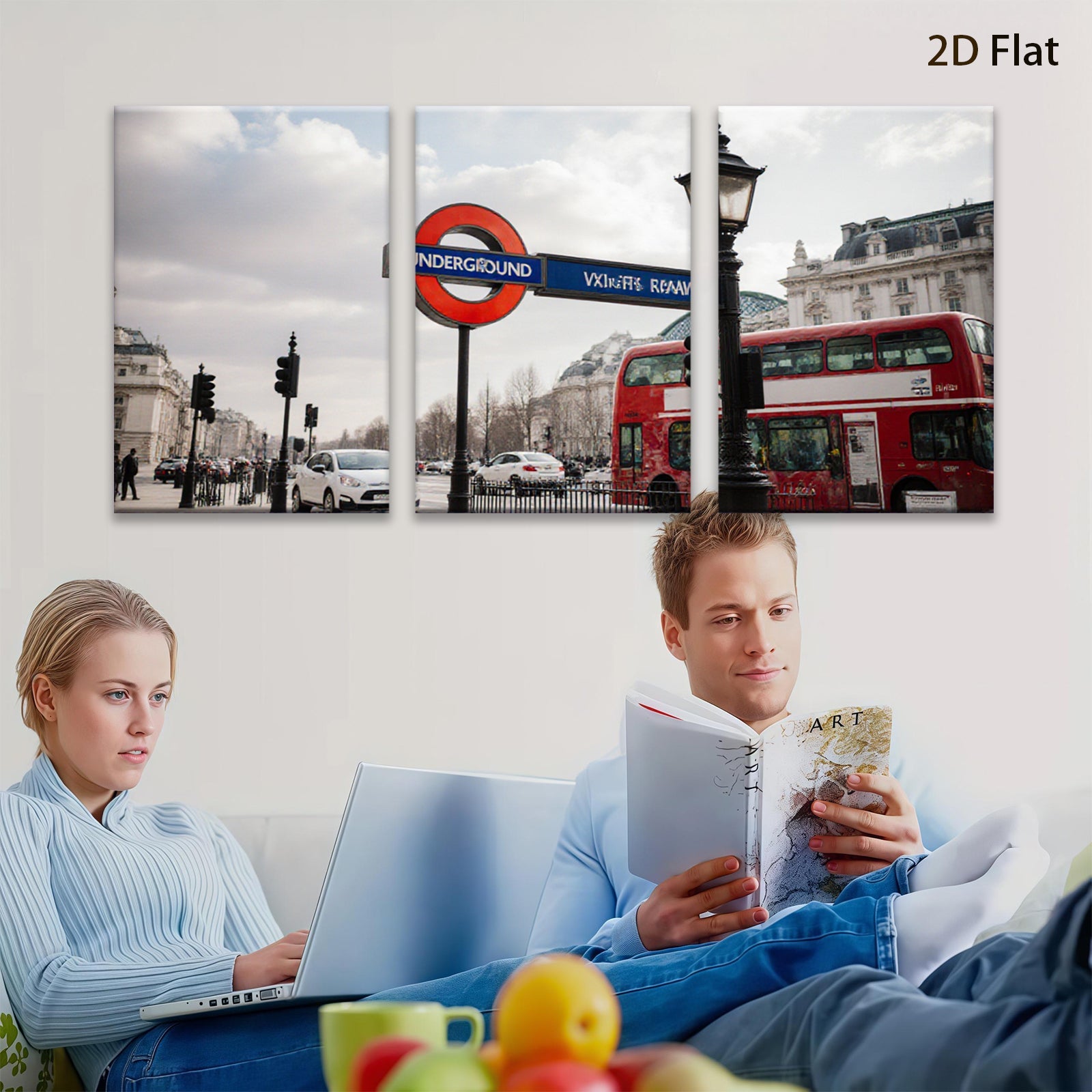 2D flat 1pc London street iconic red bus vibrant city view wall art home decor living room bedroom gallery wrapped canvas print farmhouse style modern minimalist