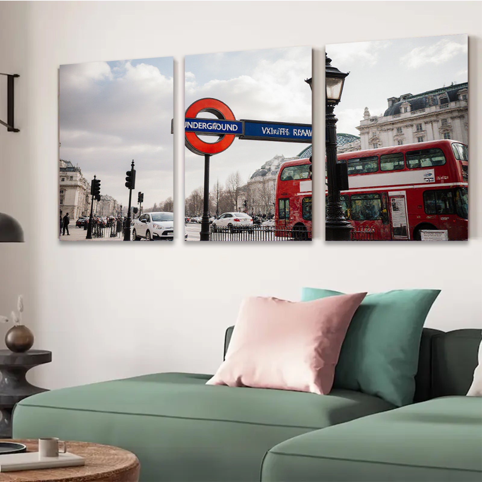 2D flat 1pc London street iconic red bus vibrant city view wall art home decor living room bedroom gallery wrapped canvas print farmhouse style modern minimalist