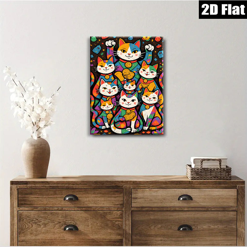 2D flat 1pc Lucky Cats Wealth Prosperity Wall Art Decor for Living Room Bedroom Office Gallery Wrapped Canvas Prints Modern Farmhouse Style