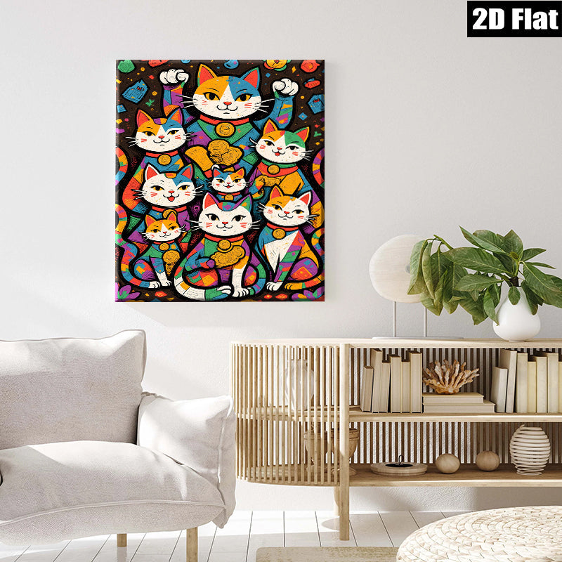 2D flat 1pc Lucky Cats Wealth Prosperity Wall Art Decor for Living Room Bedroom Office Gallery Wrapped Canvas Prints Modern Farmhouse Style