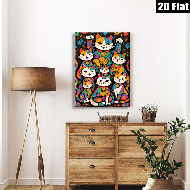 2D flat 1pc Lucky Cats Wealth Prosperity Wall Art Decor for Living Room Bedroom Office Gallery Wrapped Canvas Prints Modern Farmhouse Style