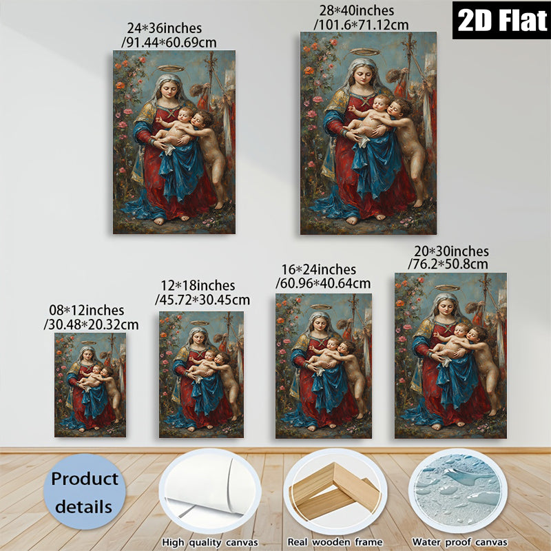 2D flat 1pc Madonna with Child Floral Background Gallery Wrapped Canvas Wall Art for Living Room Bedroom Home Decor Farmhouse Style Modern Artwork