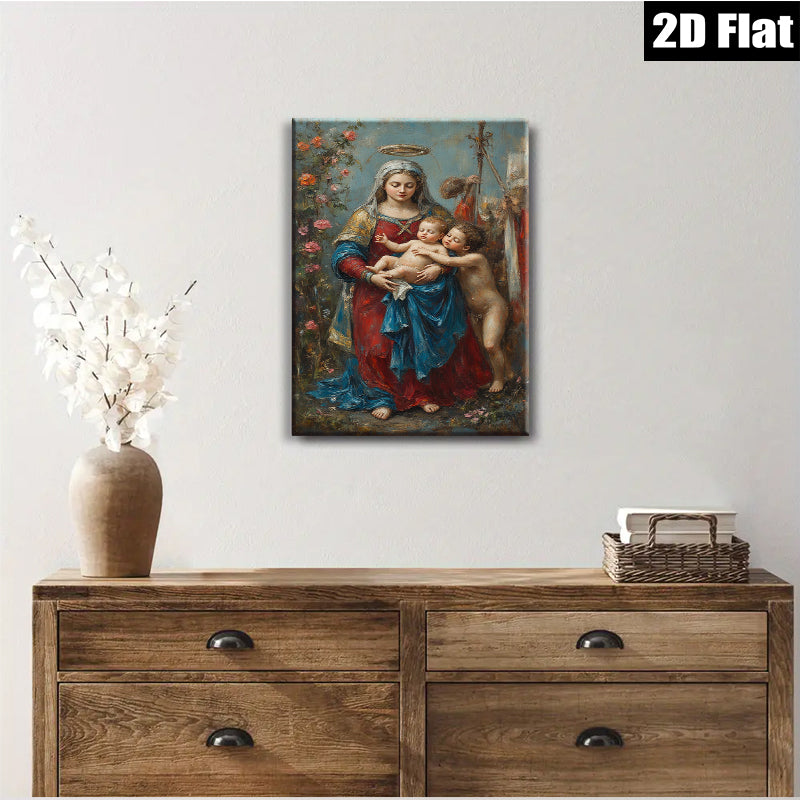 2D flat 1pc Madonna with Child Floral Background Gallery Wrapped Canvas Wall Art for Living Room Bedroom Home Decor Farmhouse Style Modern Artwork
