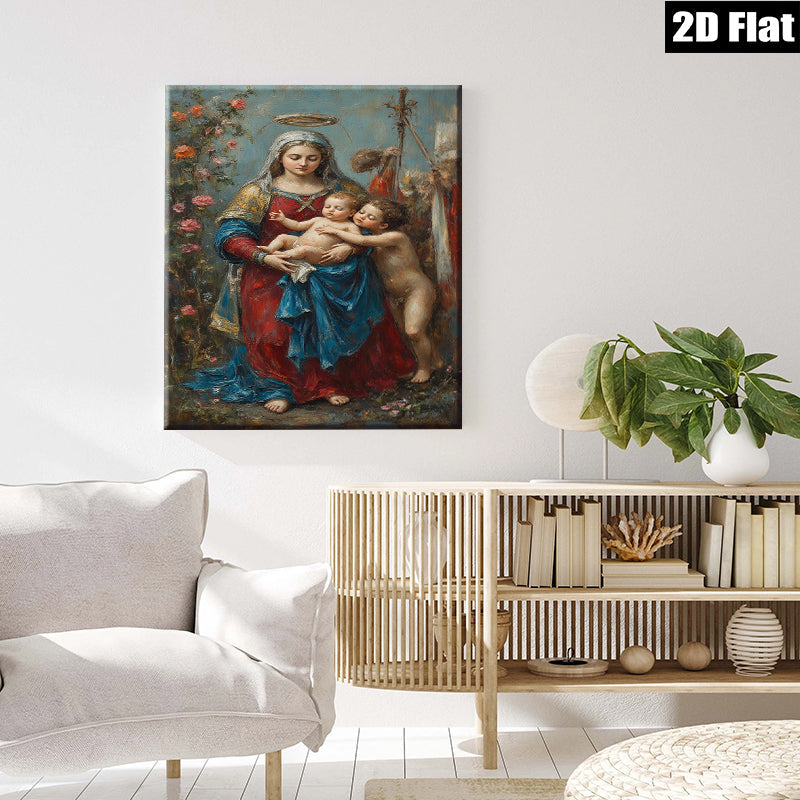 2D flat 1pc Madonna with Child Floral Background Gallery Wrapped Canvas Wall Art for Living Room Bedroom Home Decor Farmhouse Style Modern Artwork