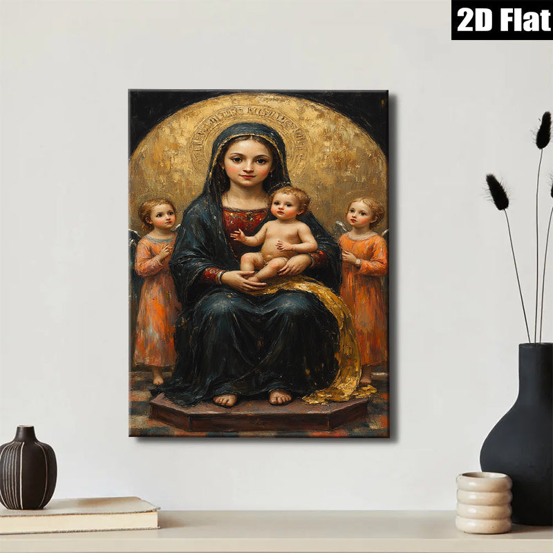 2D flat 1pc Madonna with Child angelic figures devotional wall art bedroom living room gallery wrapped canvas farmhouse style