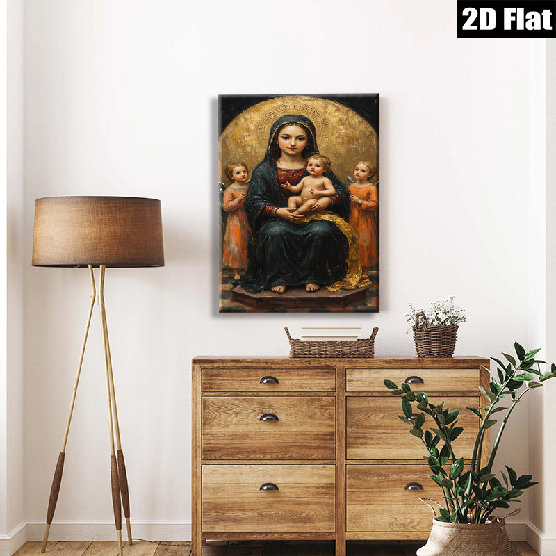 2D flat 1pc Madonna with Child angelic figures devotional wall art bedroom living room gallery wrapped canvas farmhouse style