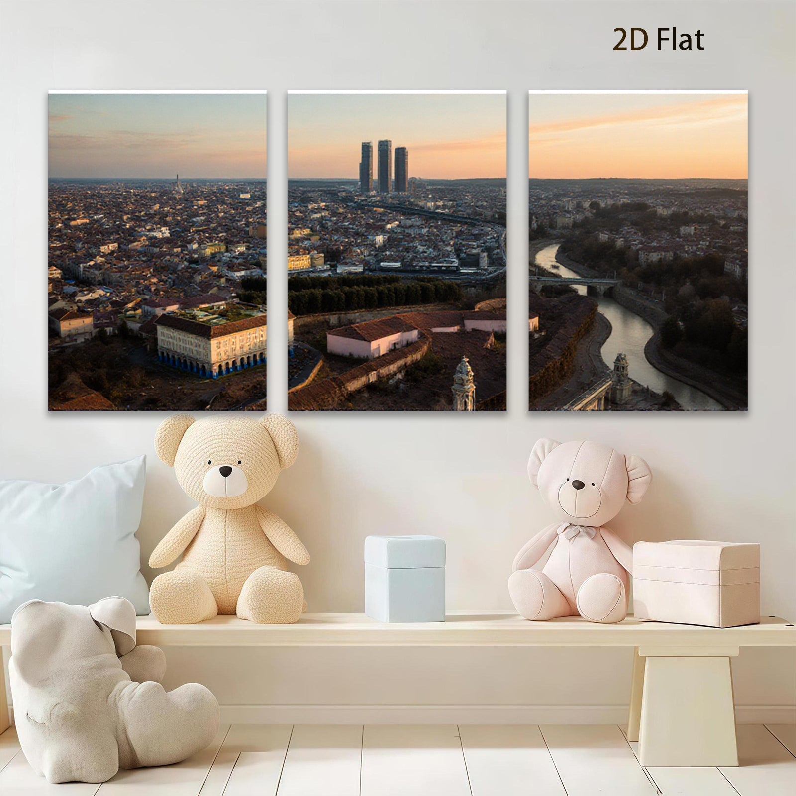 2D flat 1pc Madrid Skyline Panoramic City View Wall Art Living Room Bedroom Decor Modern Farmhouse Style Gallery Wrapped Canvas Prints Ready to Hang Large Size