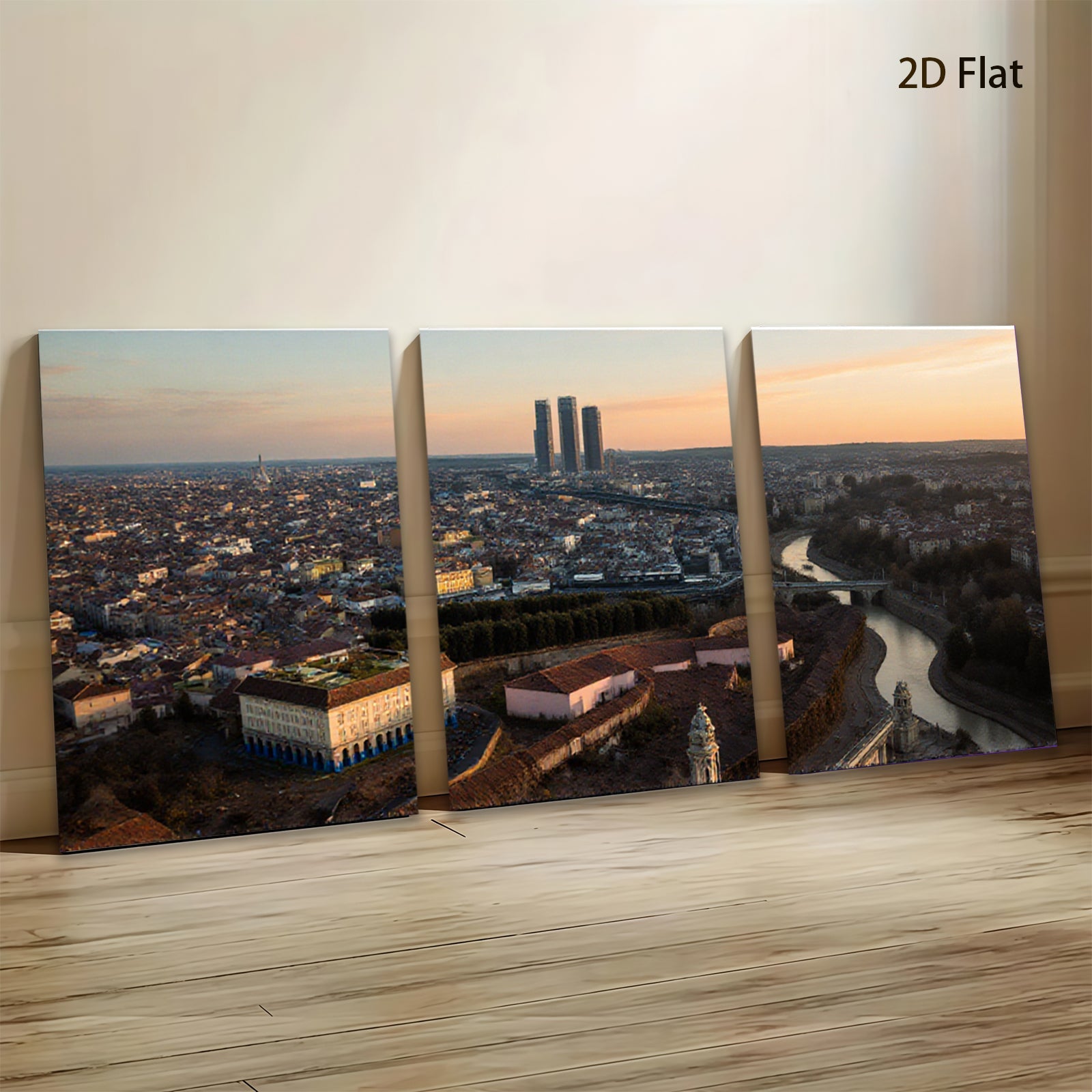 2D flat 1pc Madrid Skyline Panoramic City View Wall Art Living Room Bedroom Decor Modern Farmhouse Style Gallery Wrapped Canvas Prints Ready to Hang Large Size