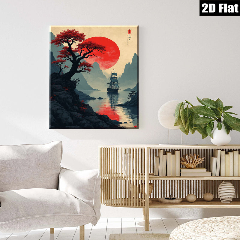 2D flat 1pc Majestic Asian Landscape Serene Harbor Wall Art Canvas Prints for Living Room Bedroom Home Decor Modern Farmhouse Rustic Style Gallery Wrapped