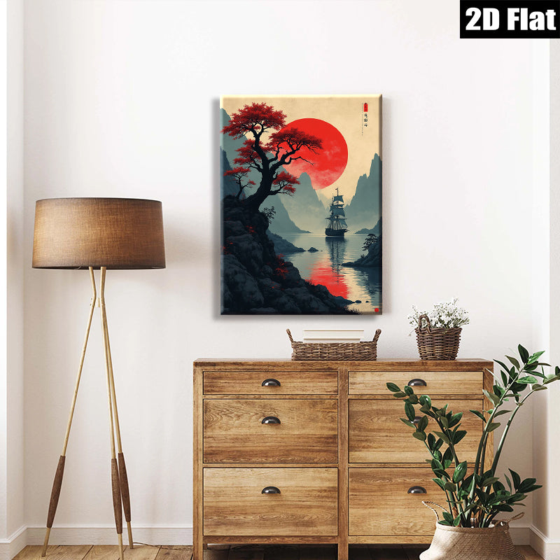 2D flat 1pc Majestic Asian Landscape Serene Harbor Wall Art Canvas Prints for Living Room Bedroom Home Decor Modern Farmhouse Rustic Style Gallery Wrapped