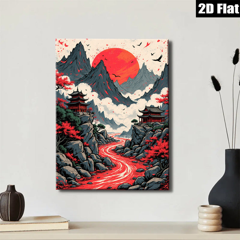 2D flat 1pc Majestic Asian Landscape Serene Mountain River Zen Wall Art Decor Living Room Bedroom Modern Farmhouse Gallery Wrapped Canvas Prints