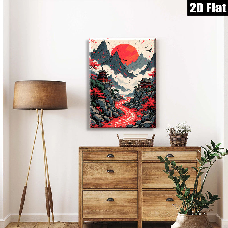 2D flat 1pc Majestic Asian Landscape Serene Mountain River Zen Wall Art Decor Living Room Bedroom Modern Farmhouse Gallery Wrapped Canvas Prints